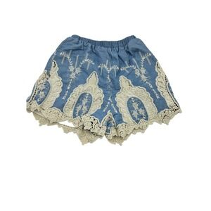 Fashion Union Blue Chambray Lace Crochet Boho Shorts Womens US 2 UK 6